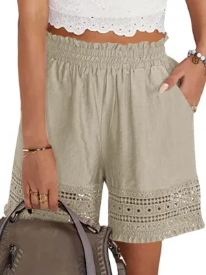 Women's Casual Elastic Waist Yoga Lounge Shorts - Comfy Stretch Lace Trim Summer Beach Linen Ruffle Shorts