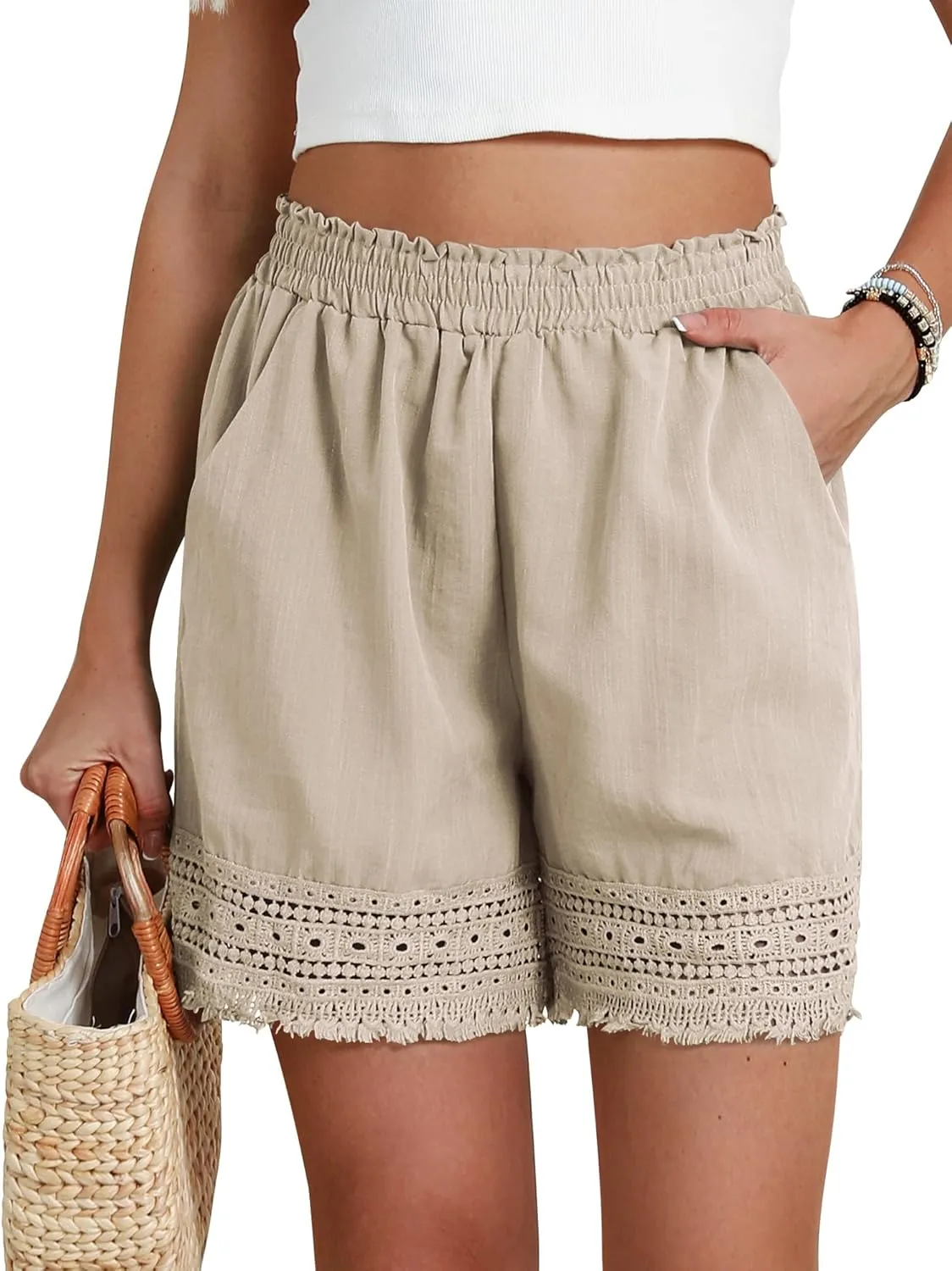 Women's Casual Elastic Waist Yoga Lounge Shorts - Comfy Stretch Lace Trim Summer Beach Linen Ruffle Shorts