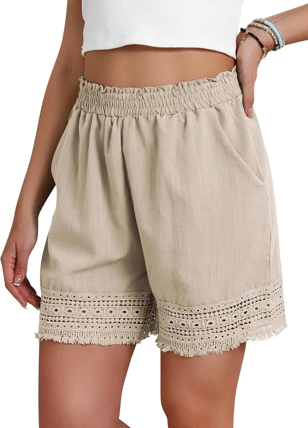 Women's Casual Elastic Waist Yoga Lounge Shorts - Comfy Stretch Lace Trim Summer Beach Linen Ruffle Shorts
