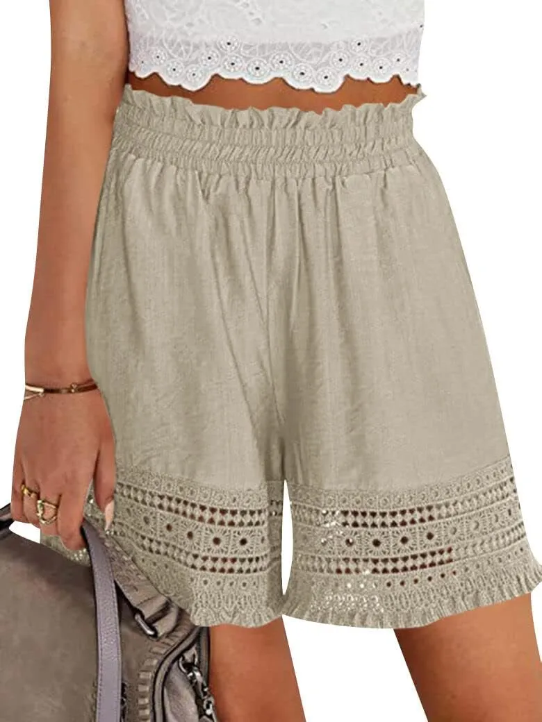 Women's Casual Elastic Waist Yoga Lounge Shorts - Comfy Stretch Lace Trim Summer Beach Linen Ruffle Shorts