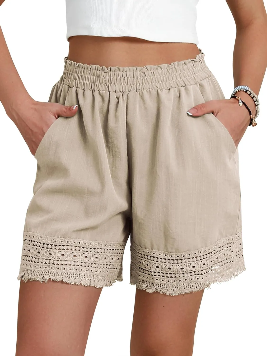Women's Casual Elastic Waist Yoga Lounge Shorts - Comfy Stretch Lace Trim Summer Beach Linen Ruffle Shorts