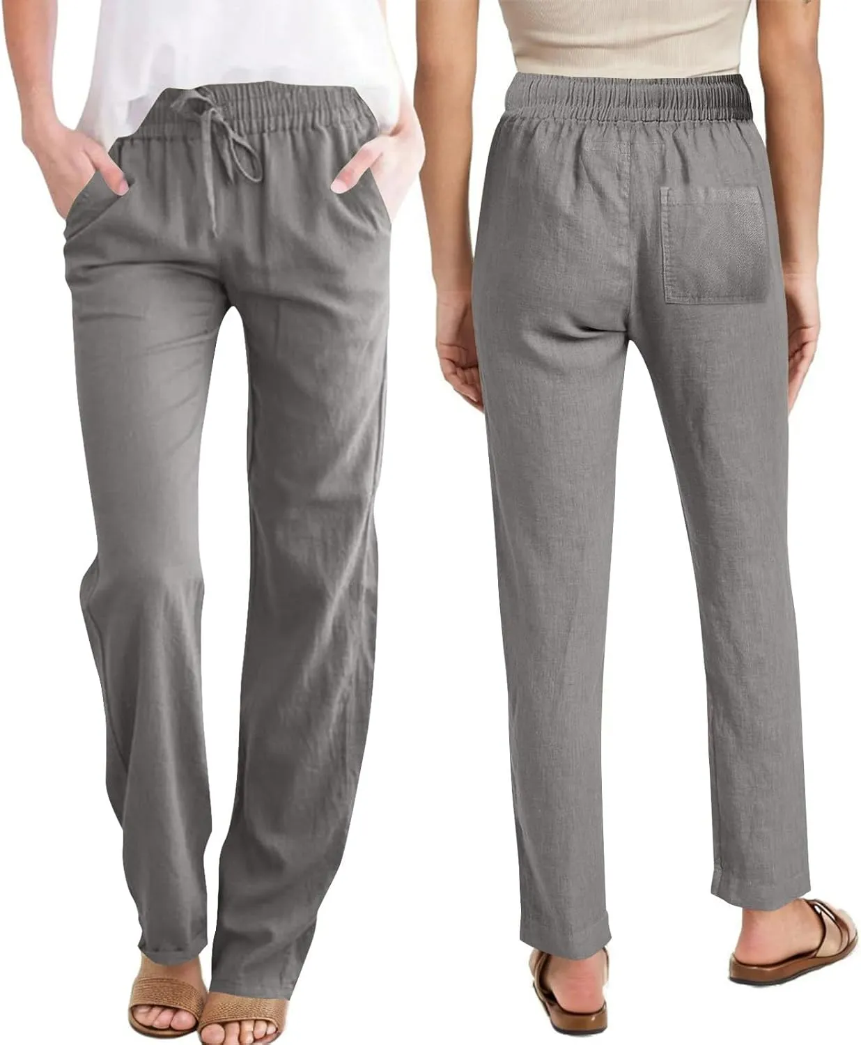 Womens Casual Linen Trousers High Waist Loose Comfy Beach Pants Straight Leg Summer Vacation Pant with Multi Pockets