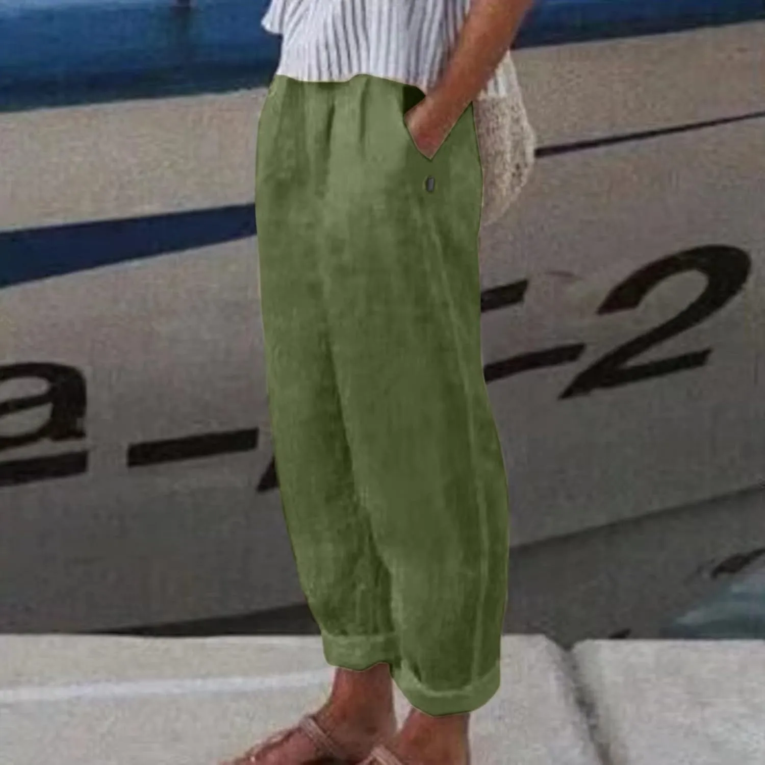 Womens Cotton Linen Pants Summer Casual Loose Beach Pant Lightweight High Waist Cropped Baggy Trousers with Pockets