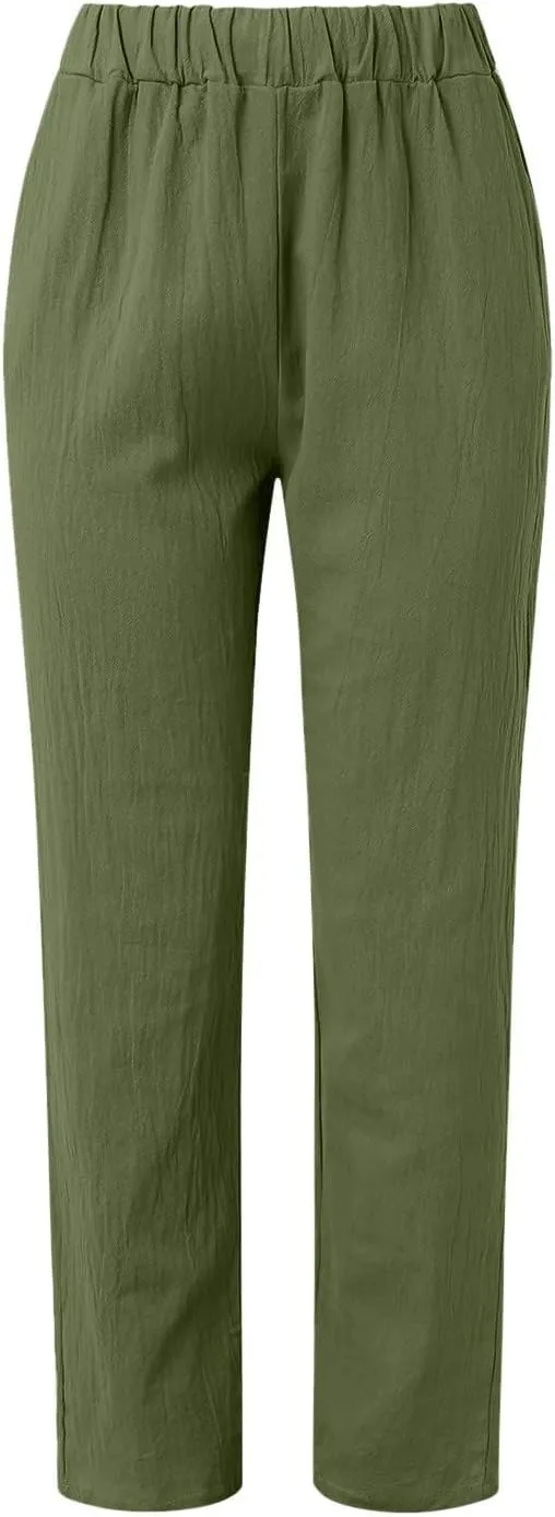 Womens Cotton Linen Pants Summer Casual Loose Beach Pant Lightweight High Waist Cropped Baggy Trousers with Pockets