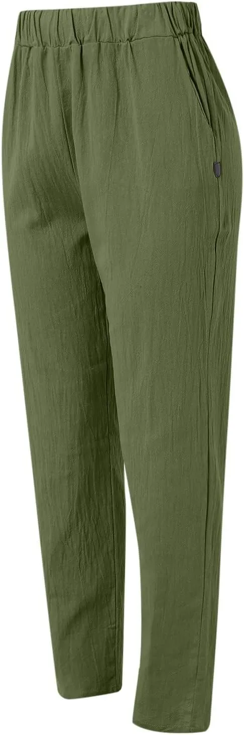 Womens Cotton Linen Pants Summer Casual Loose Beach Pant Lightweight High Waist Cropped Baggy Trousers with Pockets