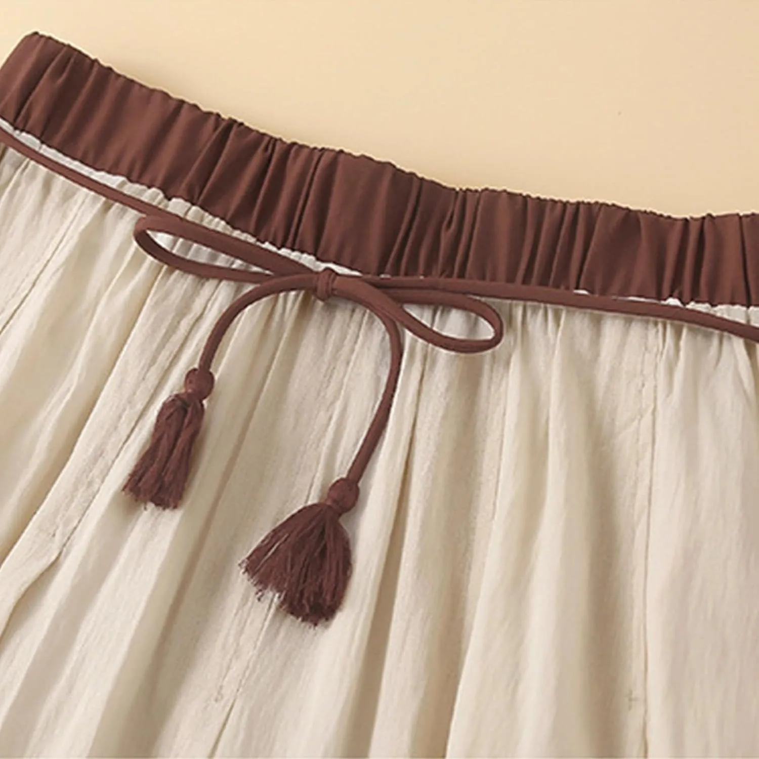 Women's Cotton Linen Retro Skirt Summer Casual Flowy A-Line Midi Skirts Color Block Tie Elastic Waist Beach Skirt
