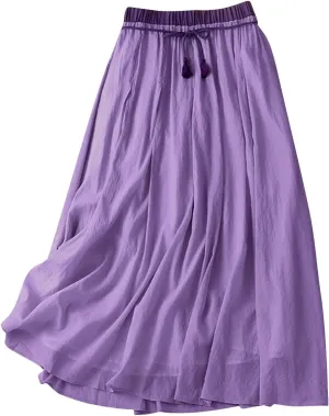 Women's Cotton Linen Retro Skirt Summer Casual Flowy A-Line Midi Skirts Color Block Tie Elastic Waist Beach Skirt