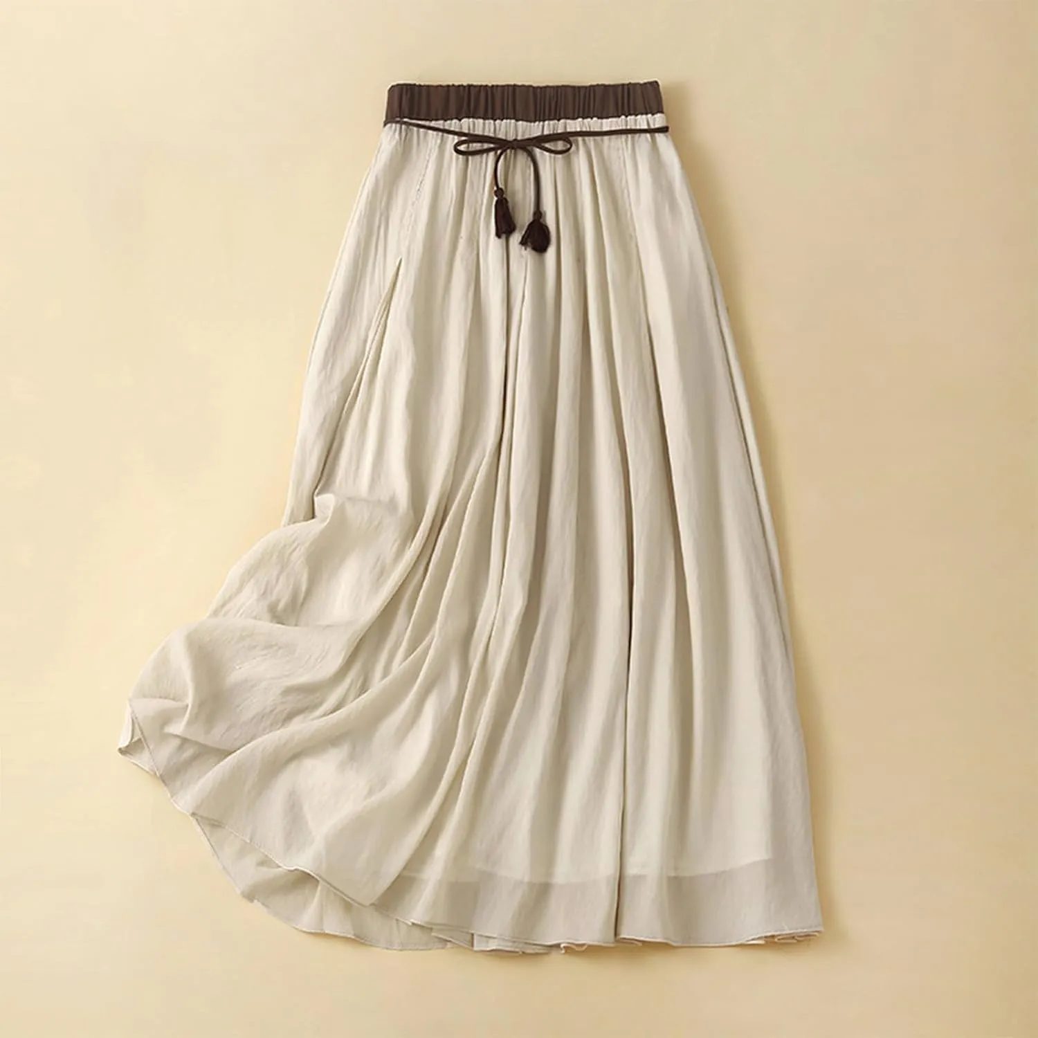 Women's Cotton Linen Retro Skirt Summer Casual Flowy A-Line Midi Skirts Color Block Tie Elastic Waist Beach Skirt