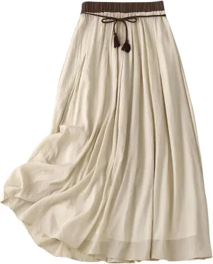 Women's Cotton Linen Retro Skirt Summer Casual Flowy A-Line Midi Skirts Color Block Tie Elastic Waist Beach Skirt