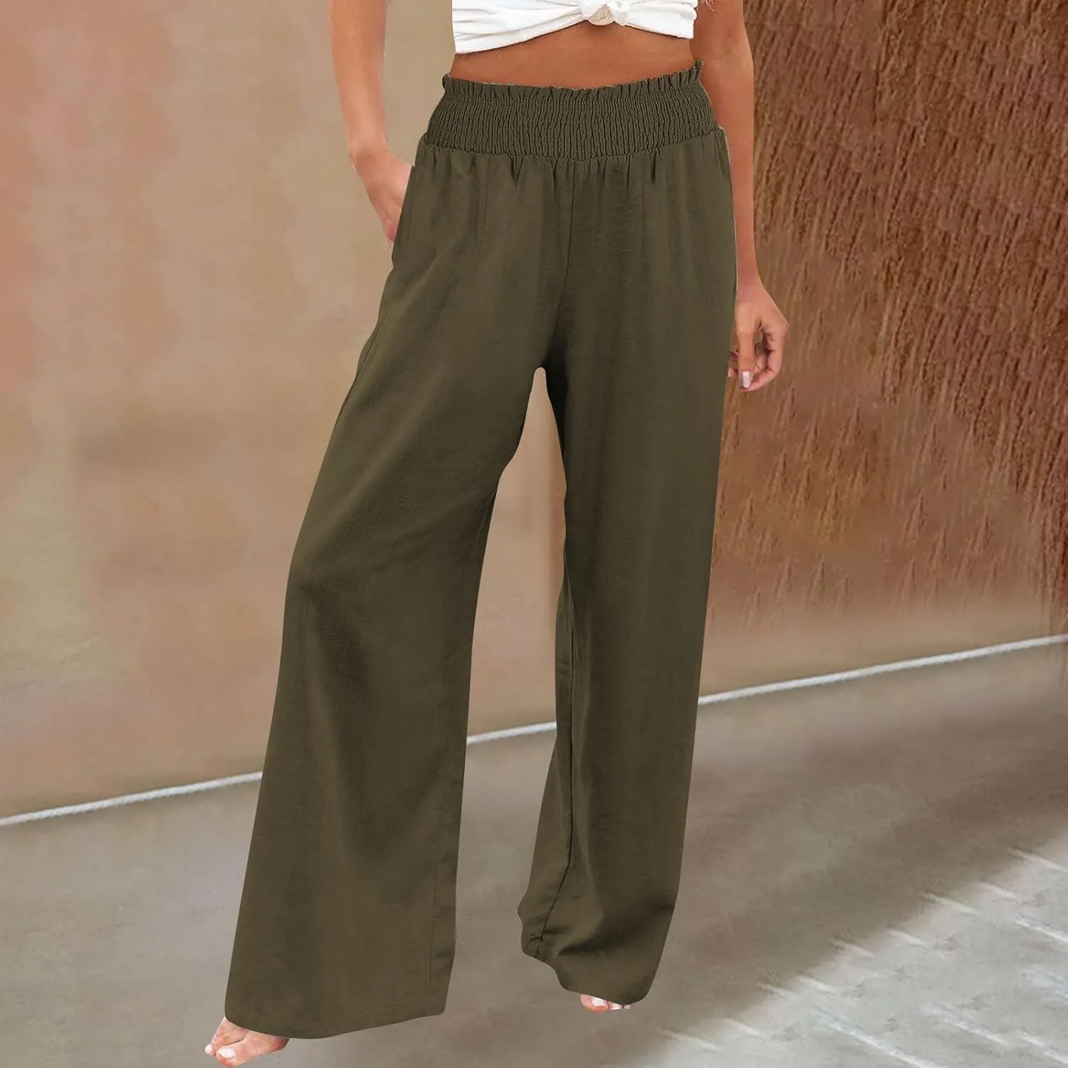Womens Cotton Twill Pants Women Linen Palazzo Pants Wide Leg High Waist Summer Casual Boho Trousers