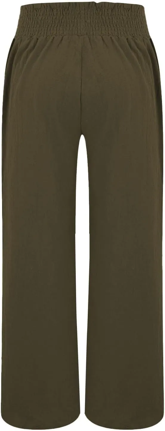 Womens Cotton Twill Pants Women Linen Palazzo Pants Wide Leg High Waist Summer Casual Boho Trousers
