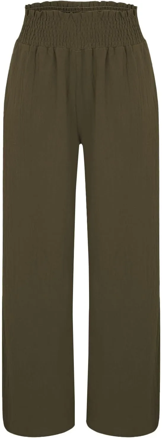 Womens Cotton Twill Pants Women Linen Palazzo Pants Wide Leg High Waist Summer Casual Boho Trousers
