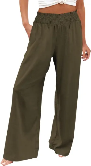 Womens Cotton Twill Pants Women Linen Palazzo Pants Wide Leg High Waist Summer Casual Boho Trousers