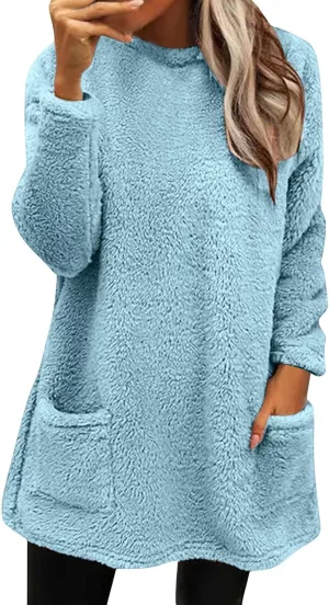 Womens Crewneck Sweatshirt Casual Long Sleeve Sherpa Fleece Warm Sweatshirt Tunic Tops Fluffy Outerwears with Pocket