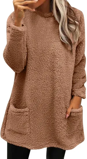 Womens Crewneck Sweatshirt Casual Long Sleeve Sherpa Fleece Warm Sweatshirt Tunic Tops Fluffy Outerwears with Pocket