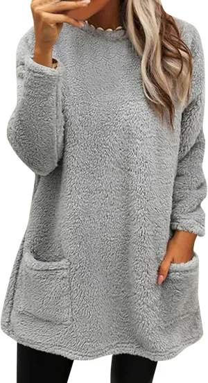 Womens Crewneck Sweatshirt Casual Long Sleeve Sherpa Fleece Warm Sweatshirt Tunic Tops Fluffy Outerwears with Pocket