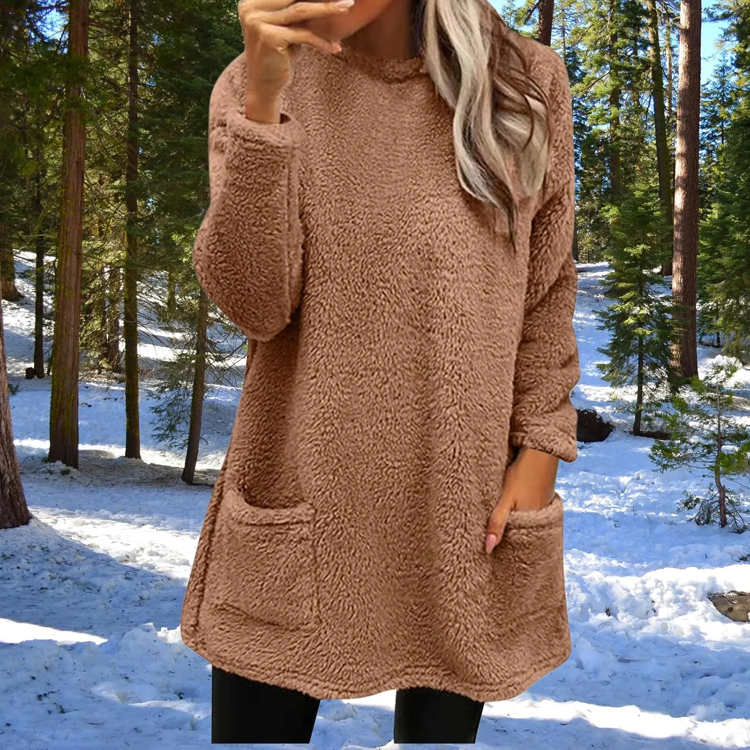 Womens Crewneck Sweatshirt Casual Long Sleeve Sherpa Fleece Warm Sweatshirt Tunic Tops Fluffy Outerwears with Pocket