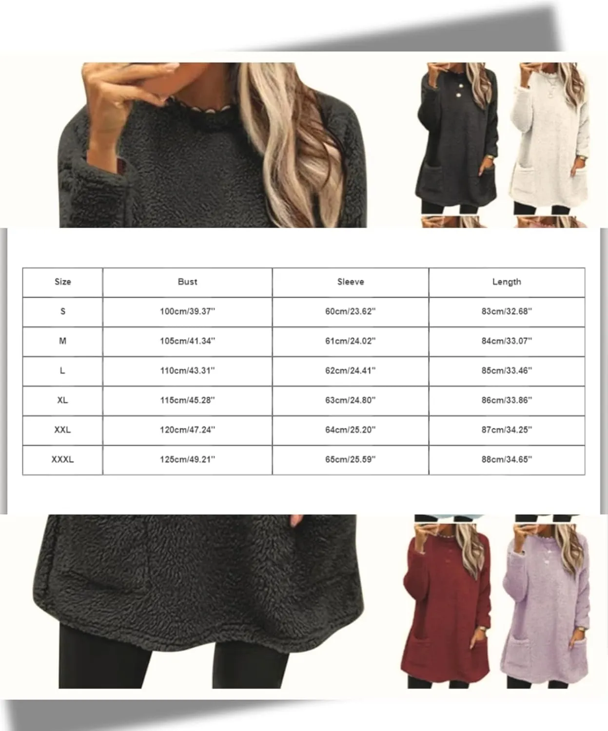 Womens Crewneck Sweatshirt Casual Long Sleeve Sherpa Fleece Warm Sweatshirt Tunic Tops Fluffy Outerwears with Pocket