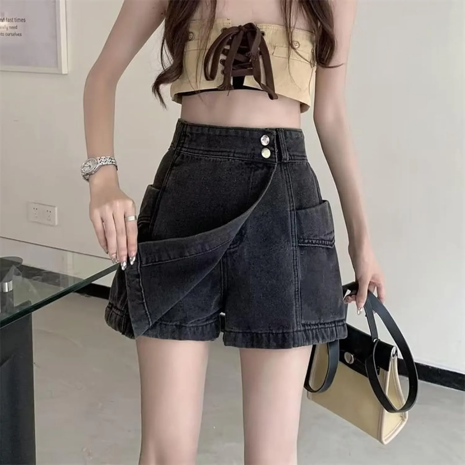Women's Denim Skirt 2024 Summer Trendy A-Line Button Y2K Mini Casual Denim Skirt Cute Loose Vacation Jean Shorts for Women