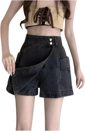 Women's Denim Skirt 2024 Summer Trendy A-Line Button Y2K Mini Casual Denim Skirt Cute Loose Vacation Jean Shorts for Women