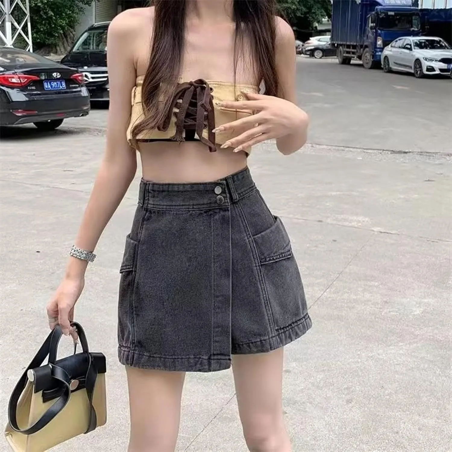 Women's Denim Skirt 2024 Summer Trendy A-Line Button Y2K Mini Casual Denim Skirt Cute Loose Vacation Jean Shorts for Women