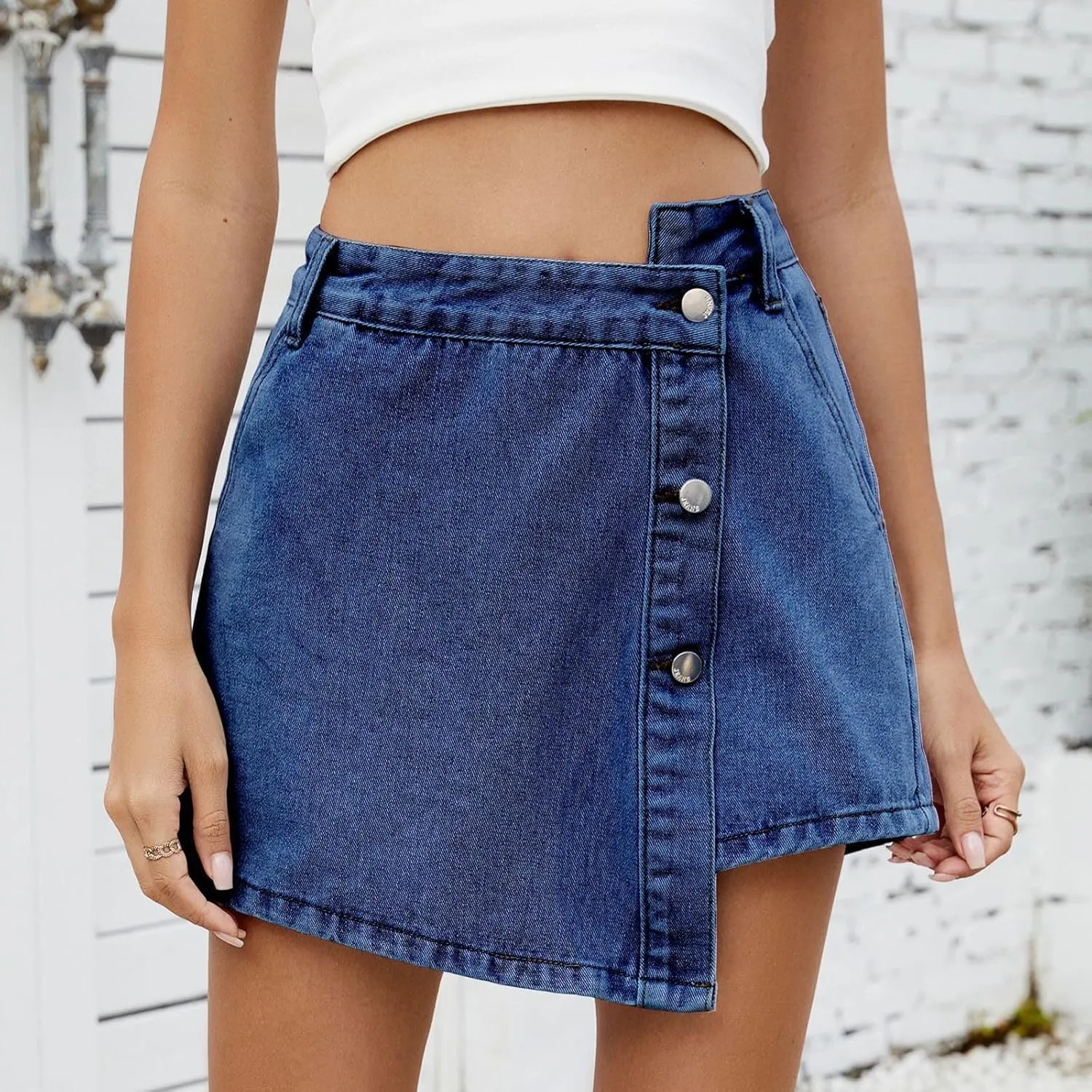 Womens Denim Skorts High Waisted Stretchy Asymmetry Jean Shorts 2025 Summer Fashion Dressy Casual Skirts with Pockets