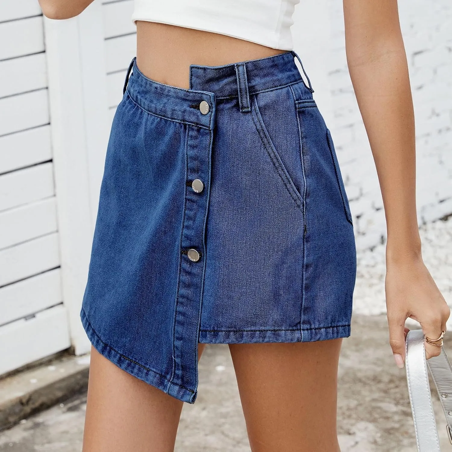 Womens Denim Skorts High Waisted Stretchy Asymmetry Jean Shorts 2025 Summer Fashion Dressy Casual Skirts with Pockets
