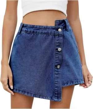 Womens Denim Skorts High Waisted Stretchy Asymmetry Jean Shorts 2025 Summer Fashion Dressy Casual Skirts with Pockets