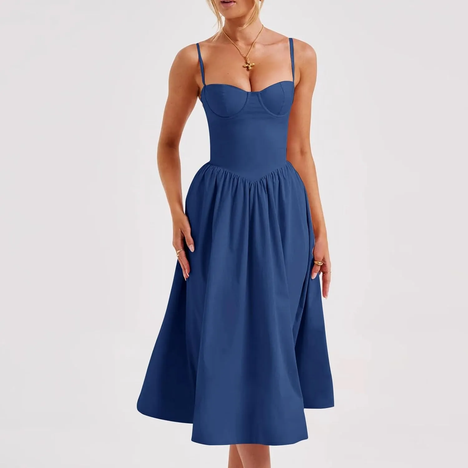Womens Dress Flowy Pleated Hem Dresses Flowy Midi Dress Swing Party Spaghetti Strap Dresses Travel Vacation Outfits