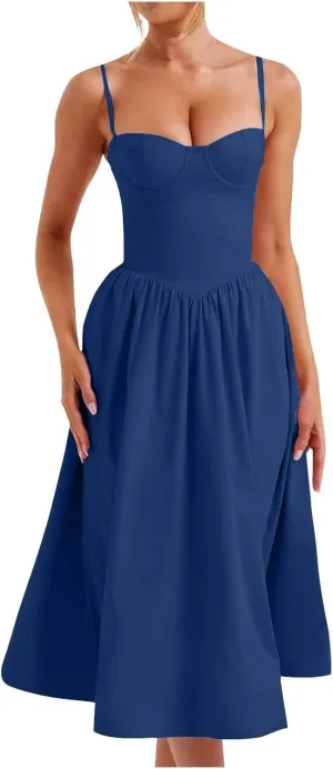 Womens Dress Flowy Pleated Hem Dresses Flowy Midi Dress Swing Party Spaghetti Strap Dresses Travel Vacation Outfits