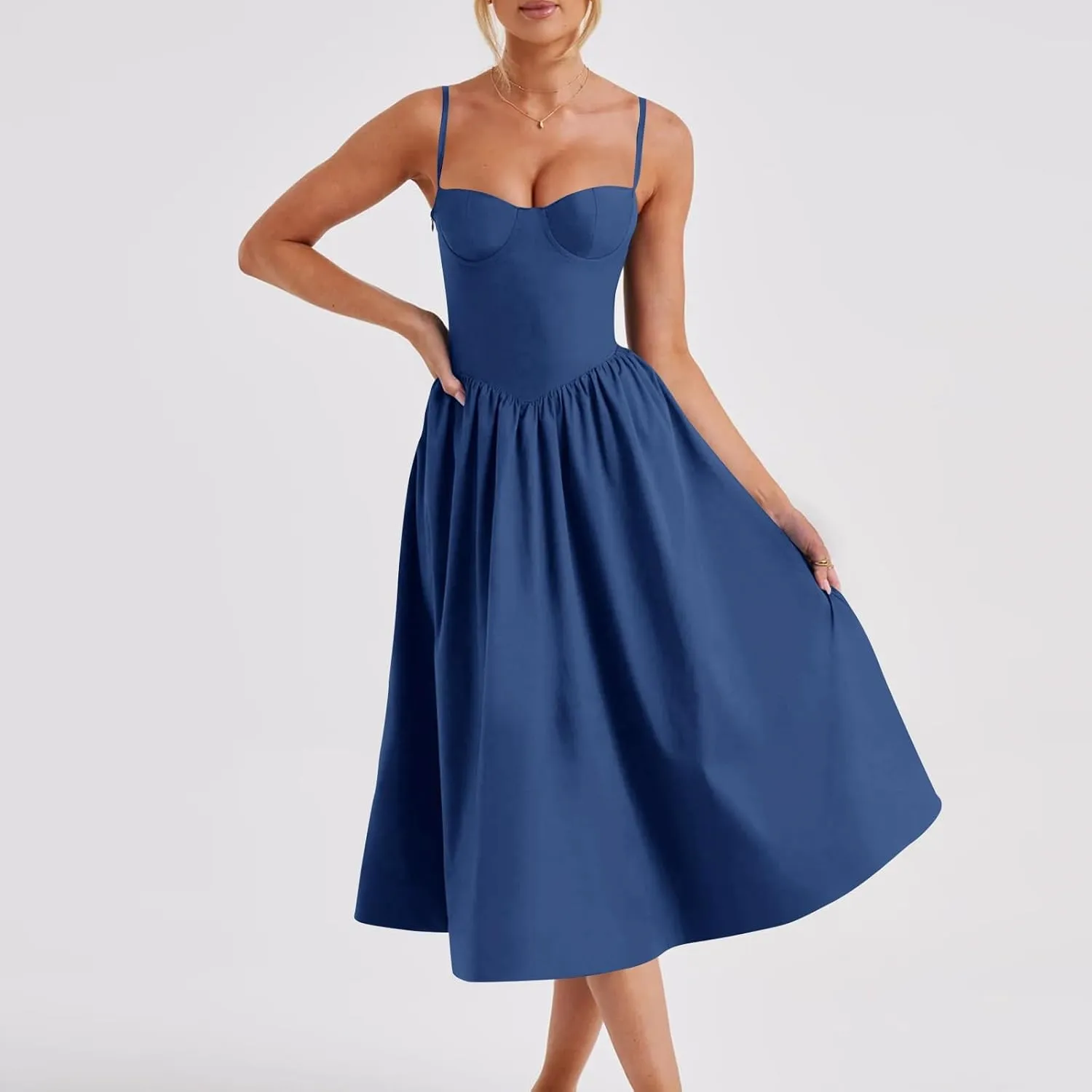 Womens Dress Flowy Pleated Hem Dresses Flowy Midi Dress Swing Party Spaghetti Strap Dresses Travel Vacation Outfits