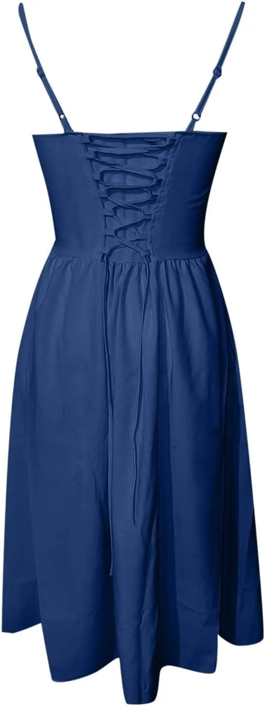 Womens Dress Flowy Pleated Hem Dresses Flowy Midi Dress Swing Party Spaghetti Strap Dresses Travel Vacation Outfits