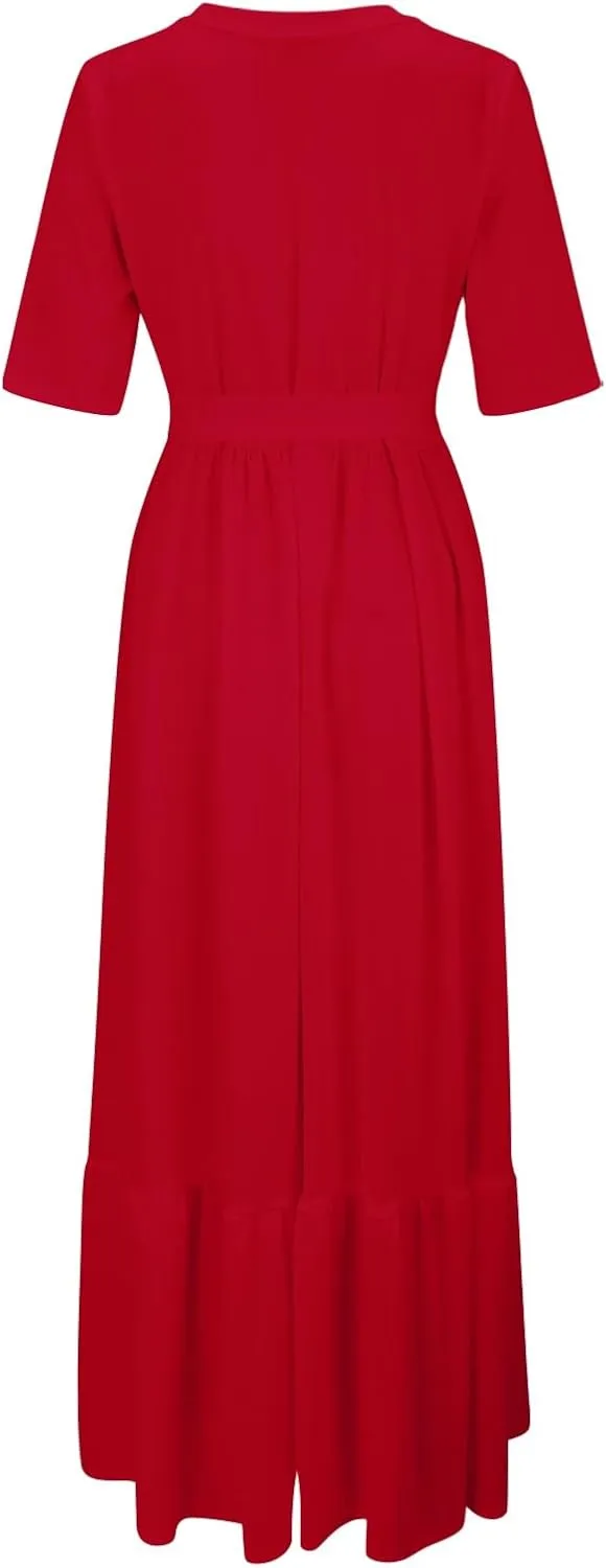 Women's Dresses Casual Summer Tiered Midi Dress Short Sleeve Belted Ruffle Babydoll Boho Sundress with Pockets