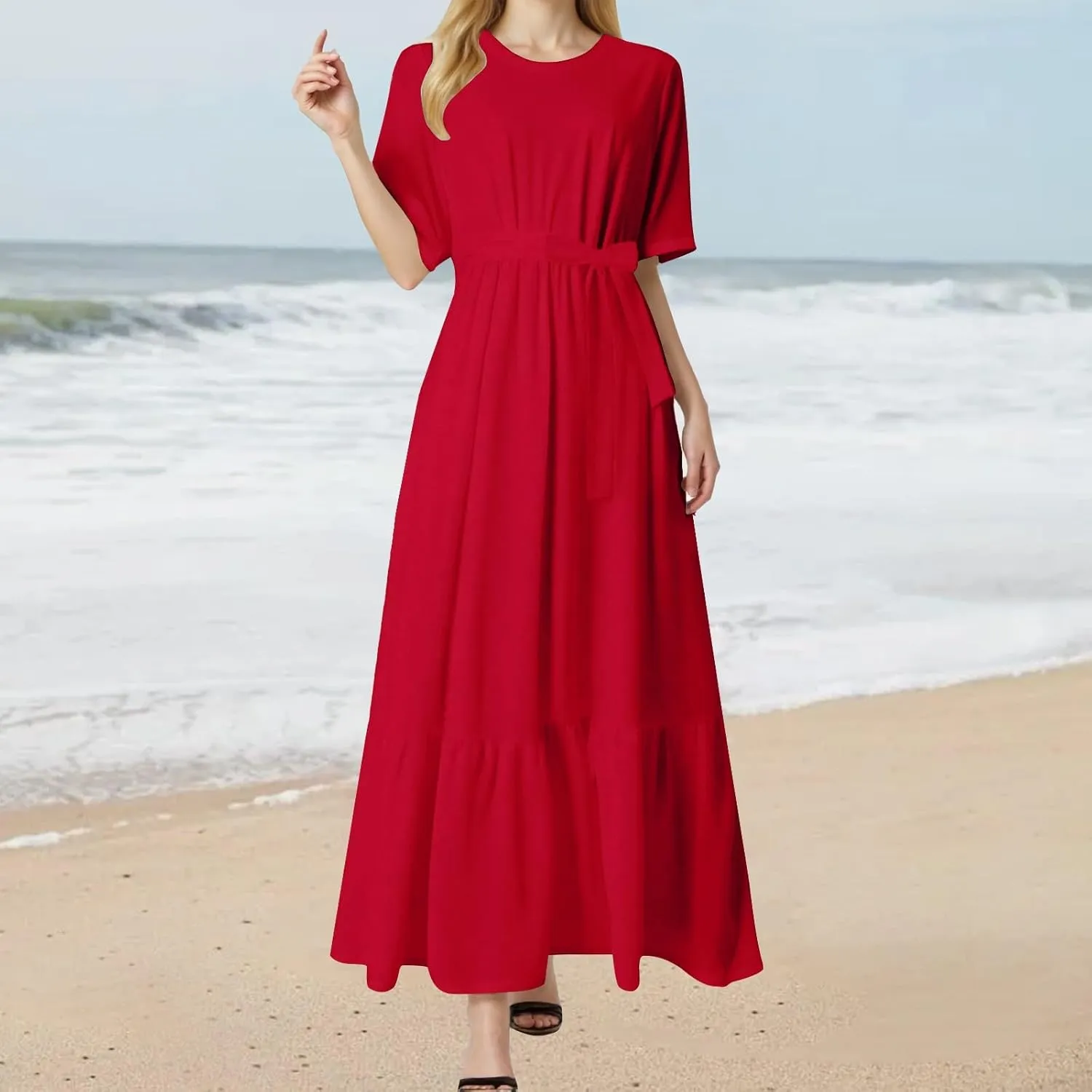 Women's Dresses Casual Summer Tiered Midi Dress Short Sleeve Belted Ruffle Babydoll Boho Sundress with Pockets
