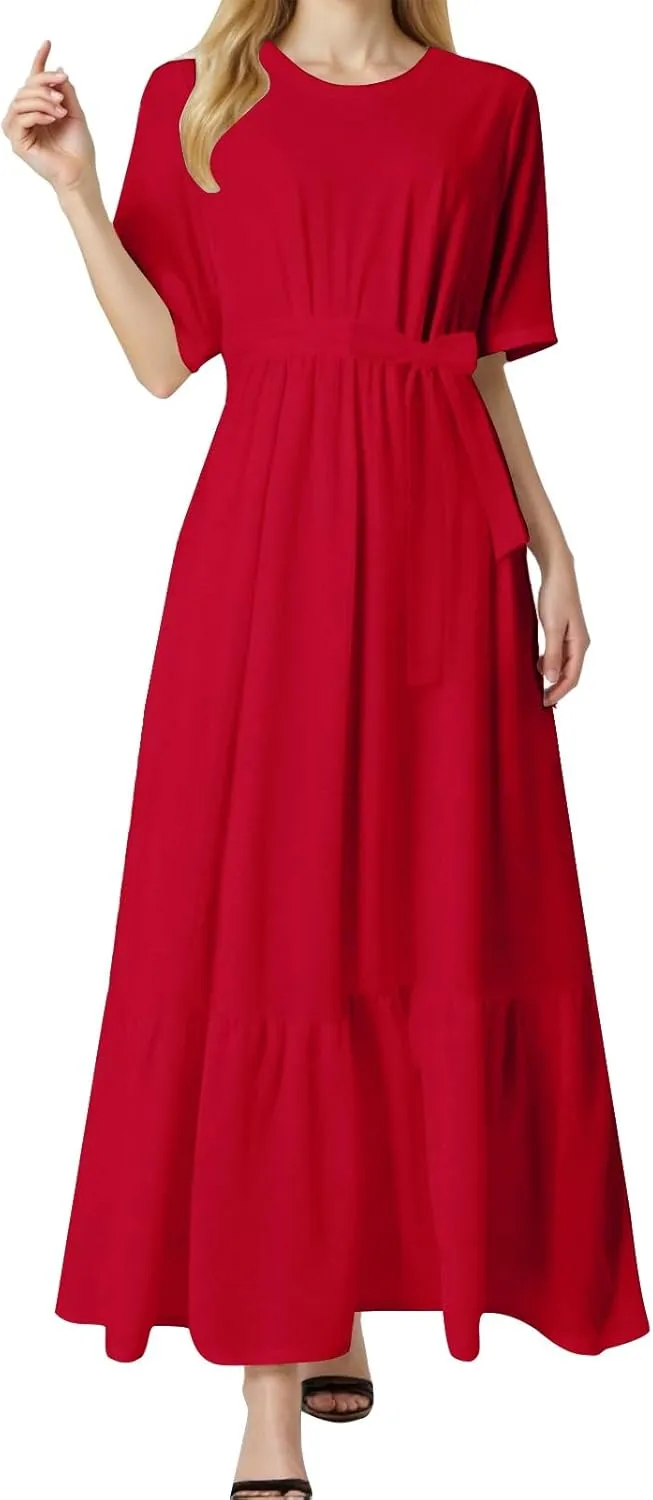 Women's Dresses Casual Summer Tiered Midi Dress Short Sleeve Belted Ruffle Babydoll Boho Sundress with Pockets