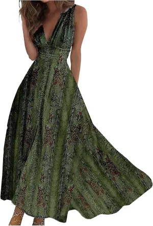 Womens Dresses Flowy Ruched Floral Print Beach Dresses Sleeveless Wrap V Neck Maxi Dress Elegant Sundresses