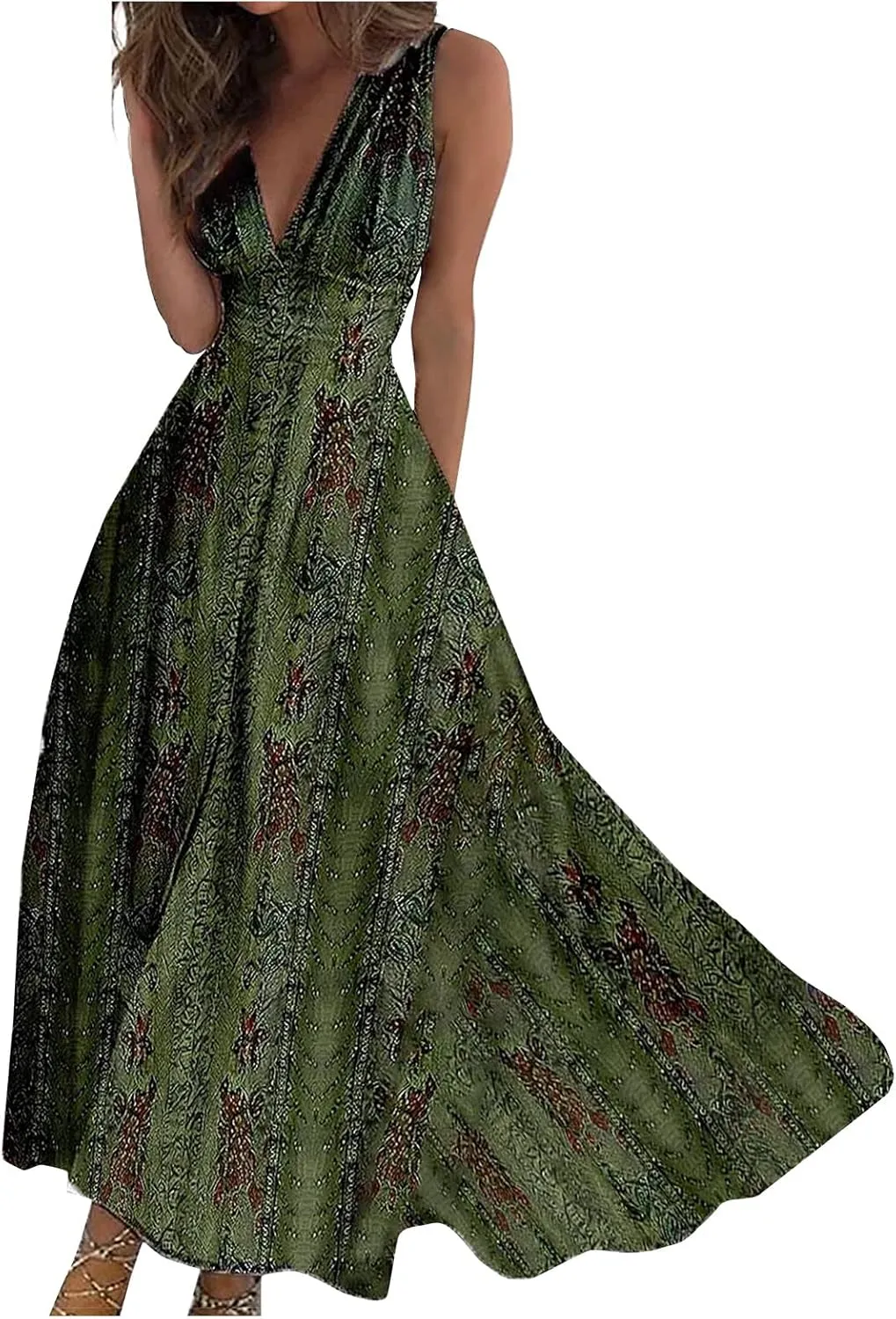 Womens Dresses Flowy Ruched Floral Print Beach Dresses Sleeveless Wrap V Neck Maxi Dress Elegant Sundresses