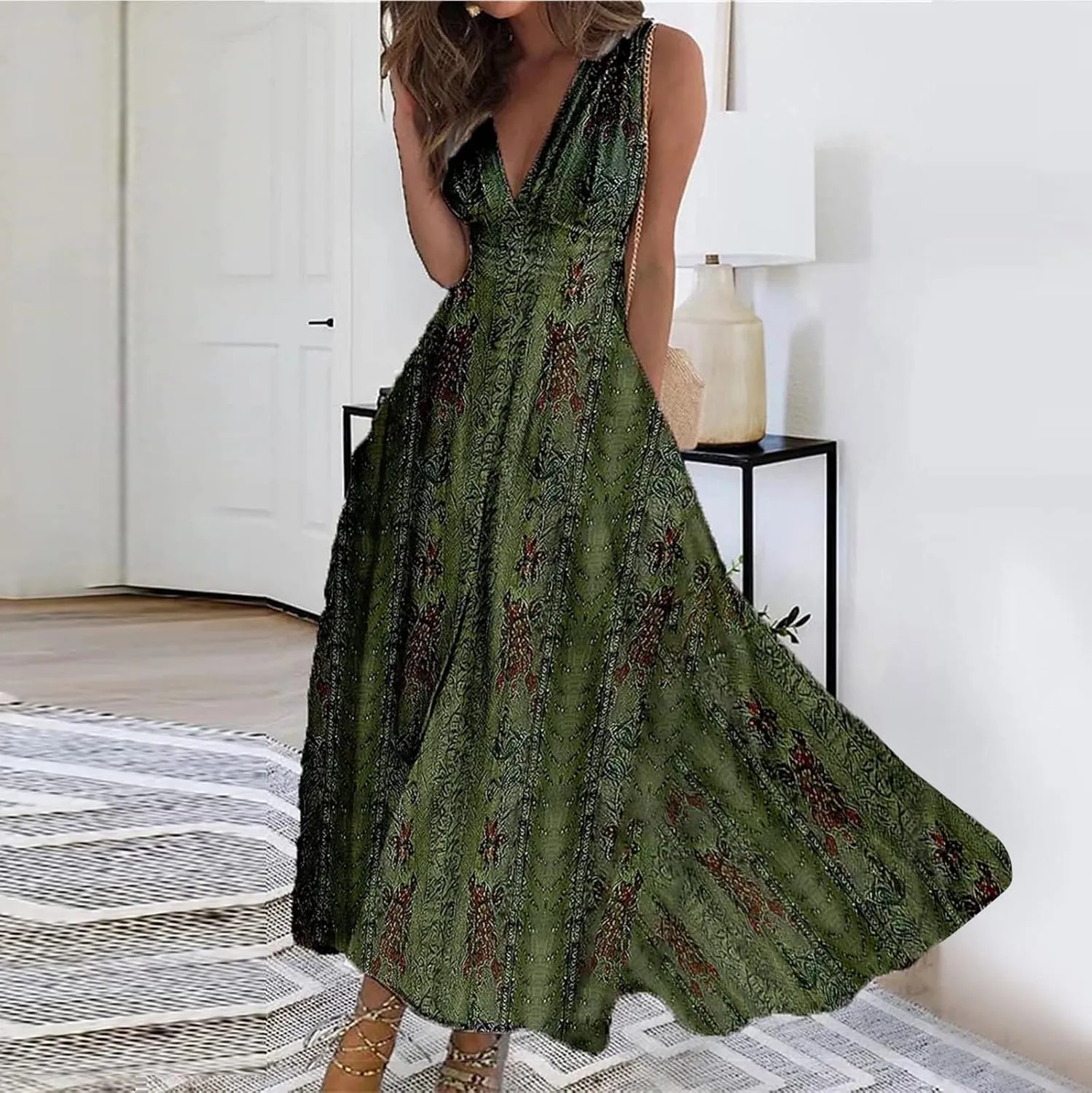 Womens Dresses Flowy Ruched Floral Print Beach Dresses Sleeveless Wrap V Neck Maxi Dress Elegant Sundresses