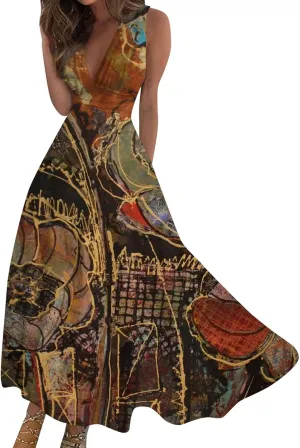 Womens Dresses Sleeveless Floral Print Maxi Dress Flowy Ruched Wrap V Neck Beach Dresses Trendy Sundress