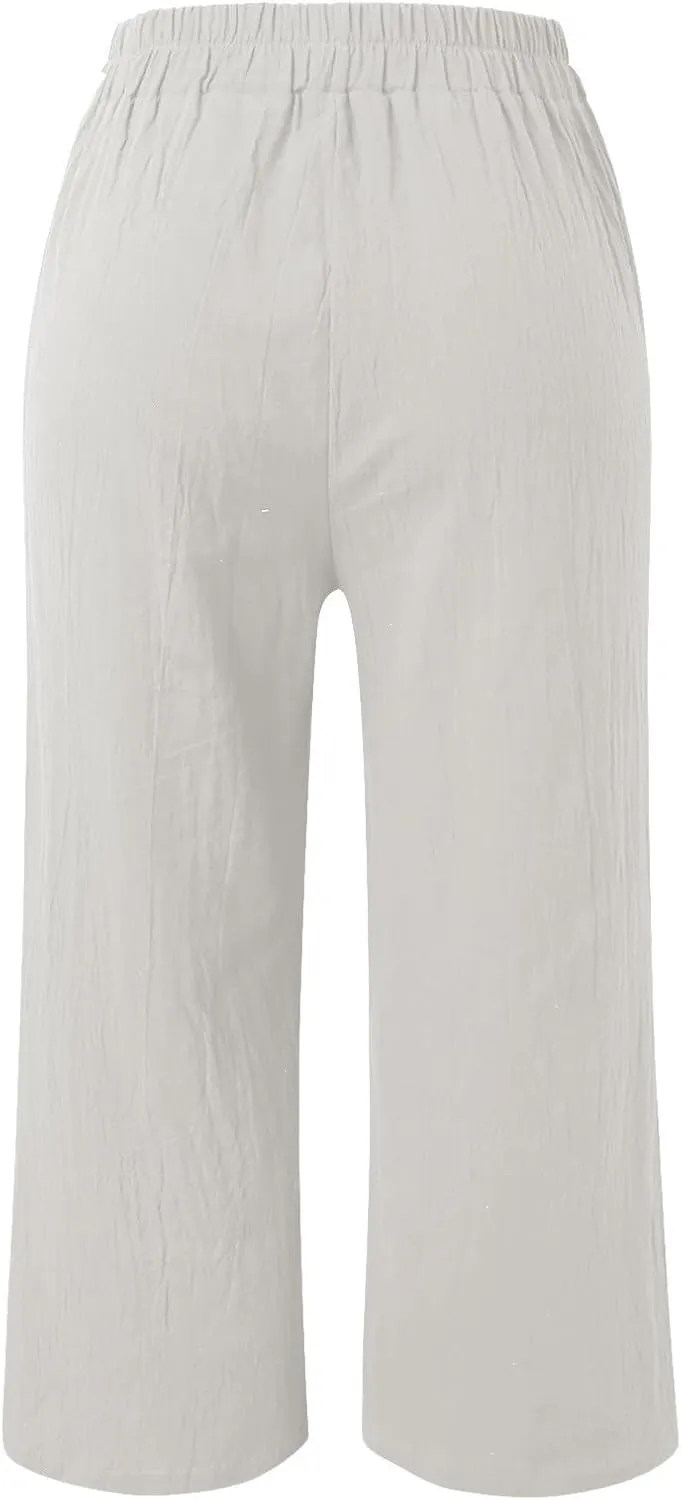 Women's Fashion Casual Elastic Waist Linen Pants Loose Trousers Wide Leggings Pants Summer Solid Color Casual