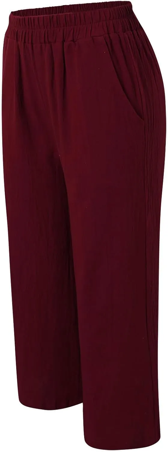 Women's Fashion Casual Elastic Waist Linen Pants Loose Trousers Wide Leggings Pants Summer Solid Color Casual