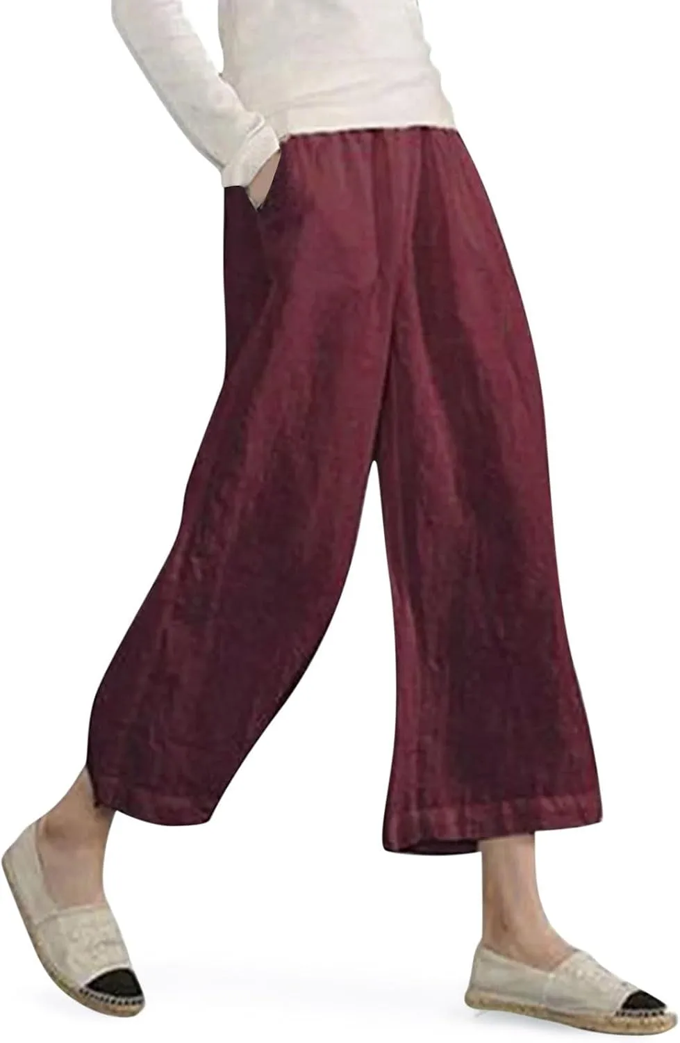Women's Fashion Casual Elastic Waist Linen Pants Loose Trousers Wide Leggings Pants Summer Solid Color Casual