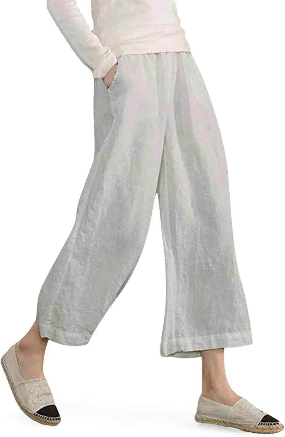 Women's Fashion Casual Elastic Waist Linen Pants Loose Trousers Wide Leggings Pants Summer Solid Color Casual
