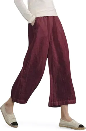 Women's Fashion Casual Elastic Waist Linen Pants Loose Trousers Wide Leggings Pants Summer Solid Color Casual