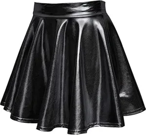 Women's Faux Leather Pleated Flared Skirt High Waist Dance Skate Mini Skirts Nightclub Rave Party A-Line Skirts