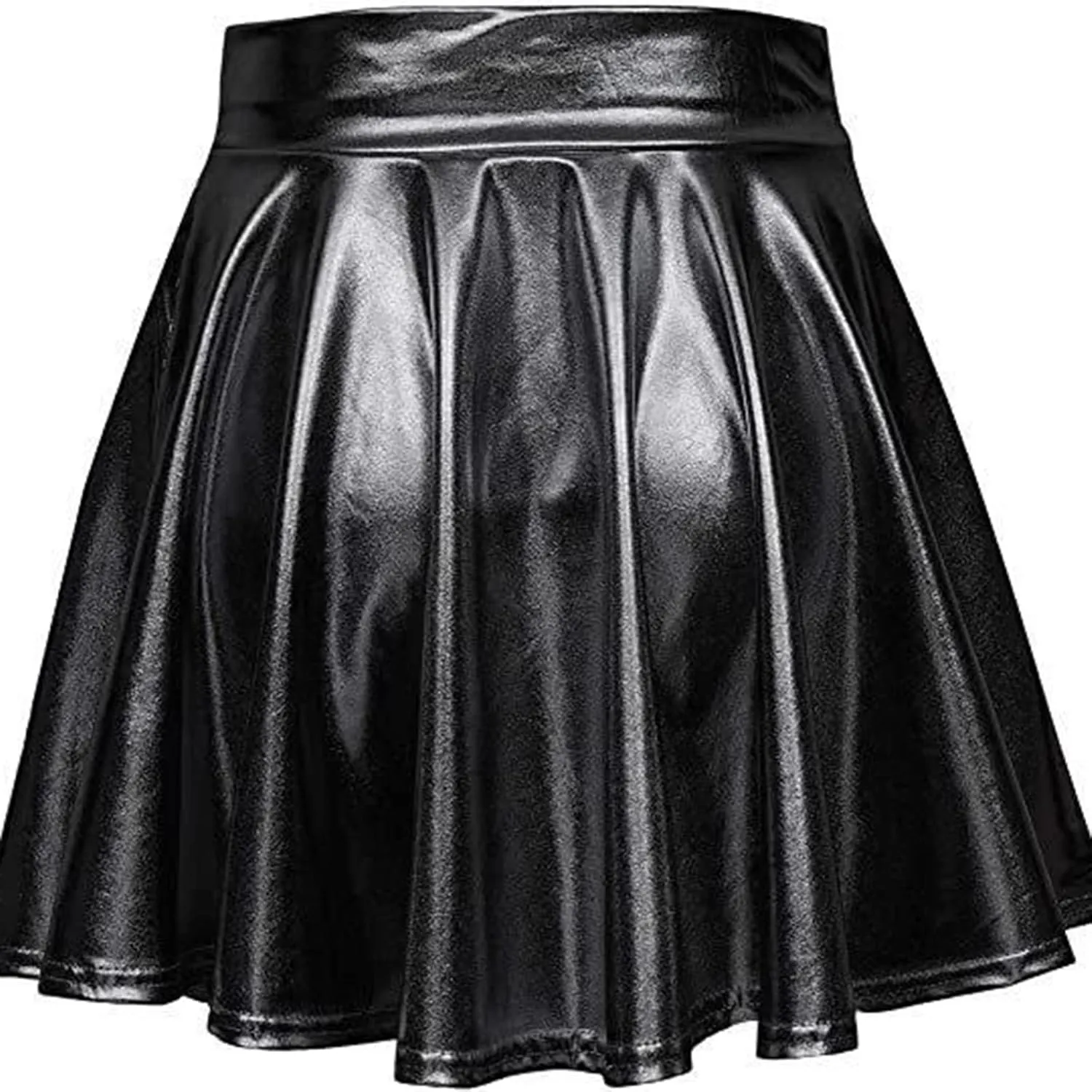 Women's Faux Leather Pleated Flared Skirt High Waist Dance Skate Mini Skirts Nightclub Rave Party A-Line Skirts