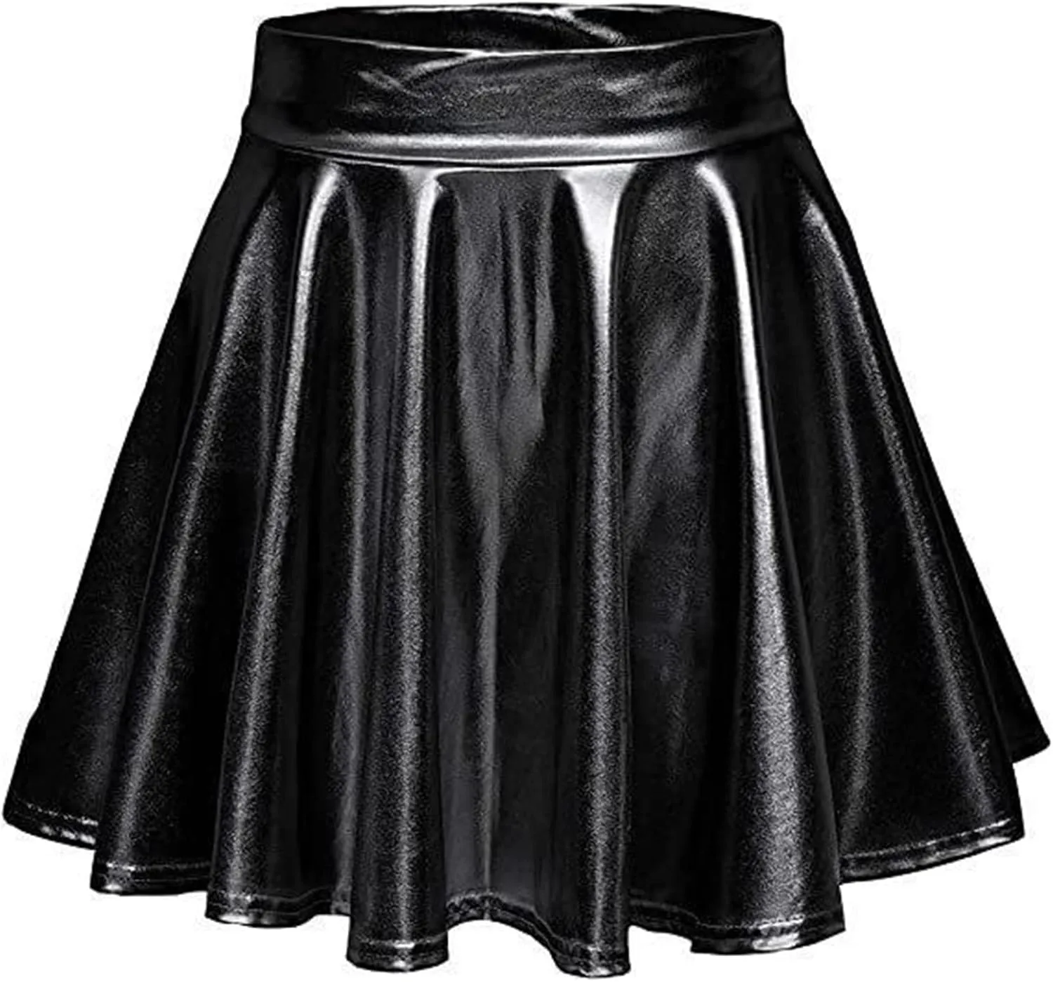 Women's Faux Leather Pleated Flared Skirt High Waist Dance Skate Mini Skirts Nightclub Rave Party A-Line Skirts