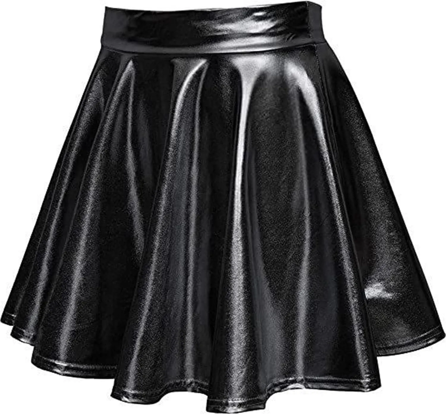 Women's Faux Leather Pleated Flared Skirt High Waist Dance Skate Mini Skirts Nightclub Rave Party A-Line Skirts