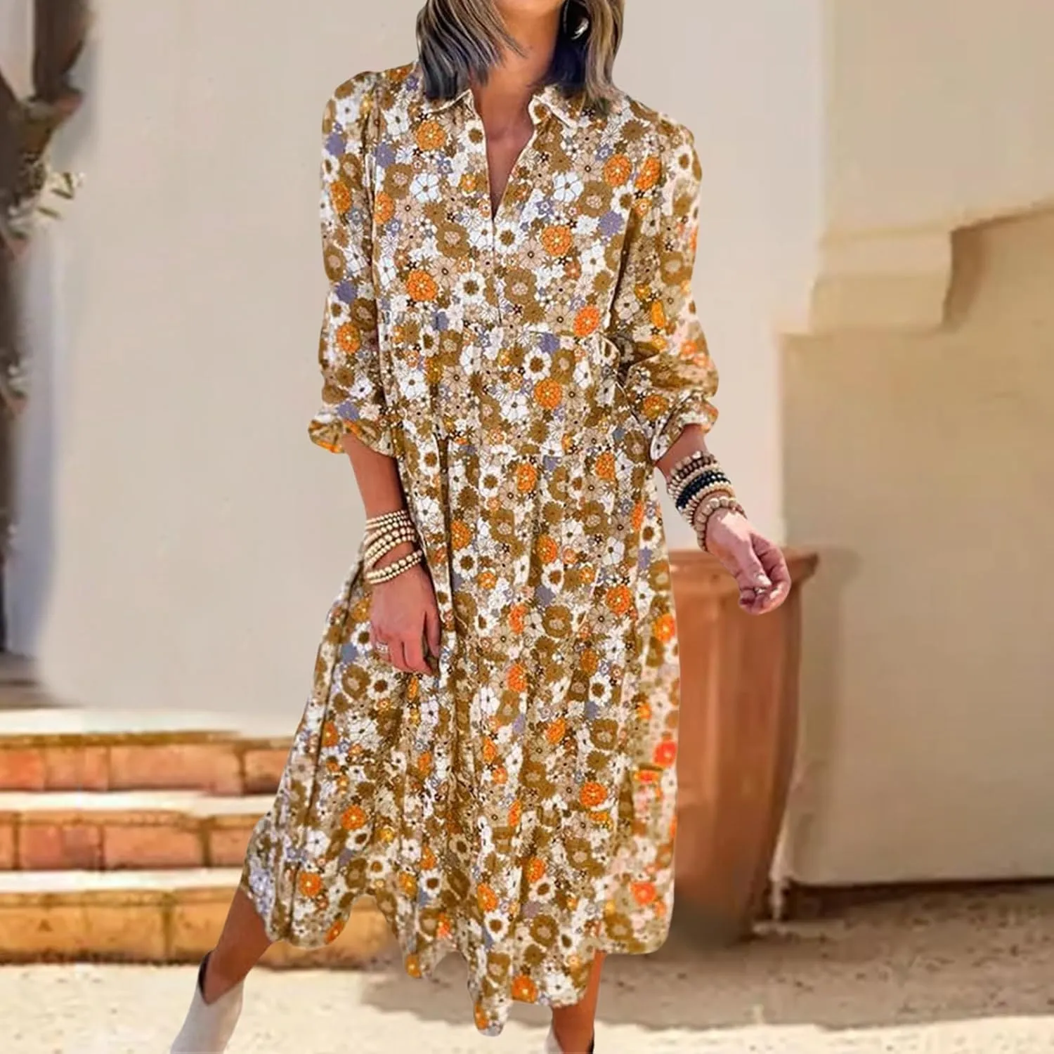 Women's Floral Maxi Dress Summer Boho V Neck Half Sleeve Ruffle Dresses A Line Flowy Beach Party Midi Dresses
