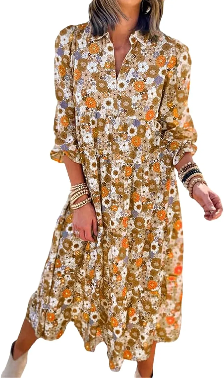 Women's Floral Maxi Dress Summer Boho V Neck Half Sleeve Ruffle Dresses A Line Flowy Beach Party Midi Dresses